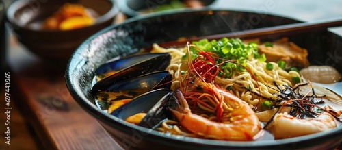 Delicious seafood ramen with blue crab, shrimp, abalone, and mussels in flavorful soup. photo