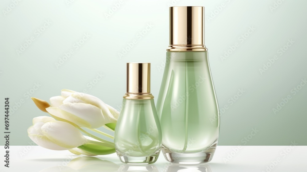 A bottle of perfume next to a flower A bottle of perfume next to a flower