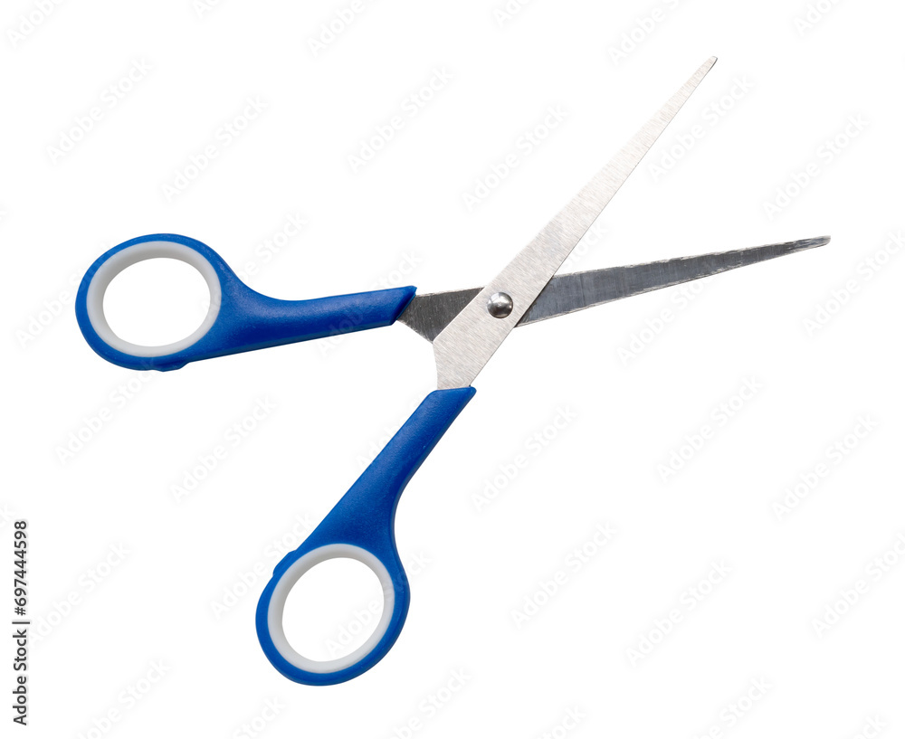 Small multipurpose scissors with blue handle isolated on white background with clipping path in png file format Small multipurpose scissors with blue handle isolated on white background with clipping path in png file format