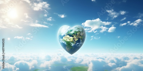 Heart shaped planet Earth with blue sky on the background, love and care concept. #697444505