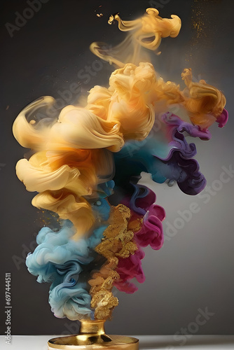 abstract background of blue, yellow and purple paint splashes on a brown background