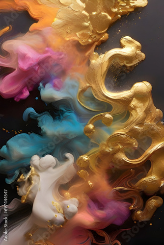 abstract background of blue, yellow and purple paint splashes on a brown background
