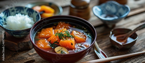 Traditional Japanese dish: Salmon miso soup on wood table.