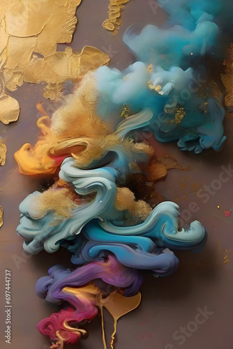 abstract background of blue  yellow and purple paint splashes on a brown background