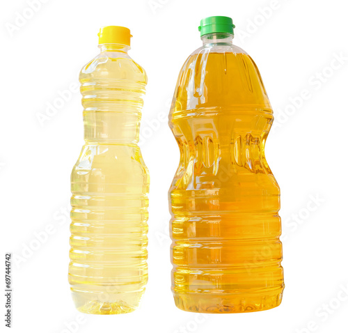 Two bottle of vegetable oils in set isolated on white background in png file format. Top view and flat lay