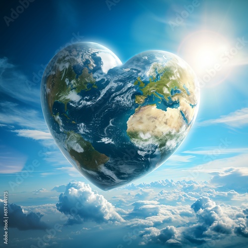 Heart shaped planet Earth with blue sky on the background  love and care concept.