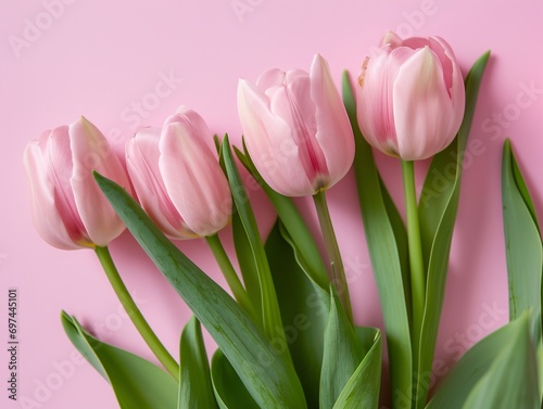 Pink tulips on pink background, top view.
