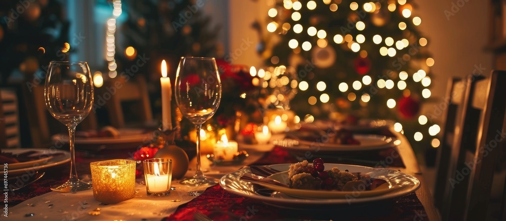 Cozy Christmas dinner at home with a romantic table setup at night.