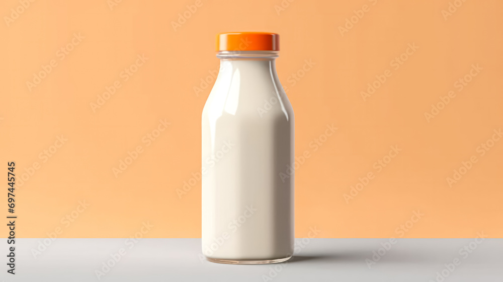 Dairy goodness, glass bottle with fresh milk on orange background. Dairy goodness, glass bottle with fresh milk on orange background.