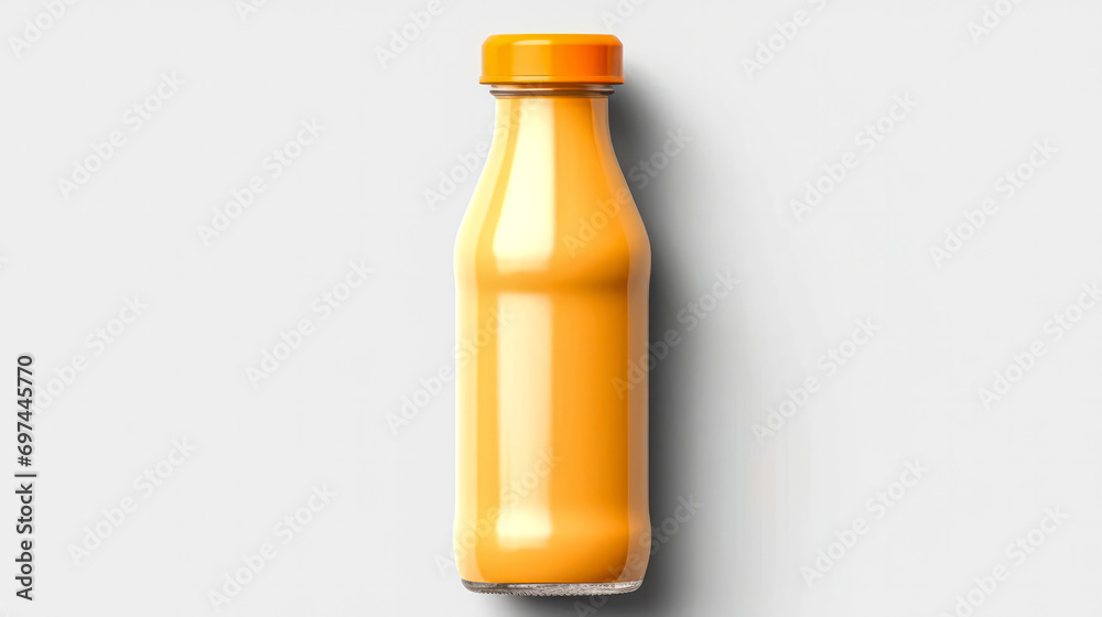 Orange juice in a glass bottle on an orange backdrop.
