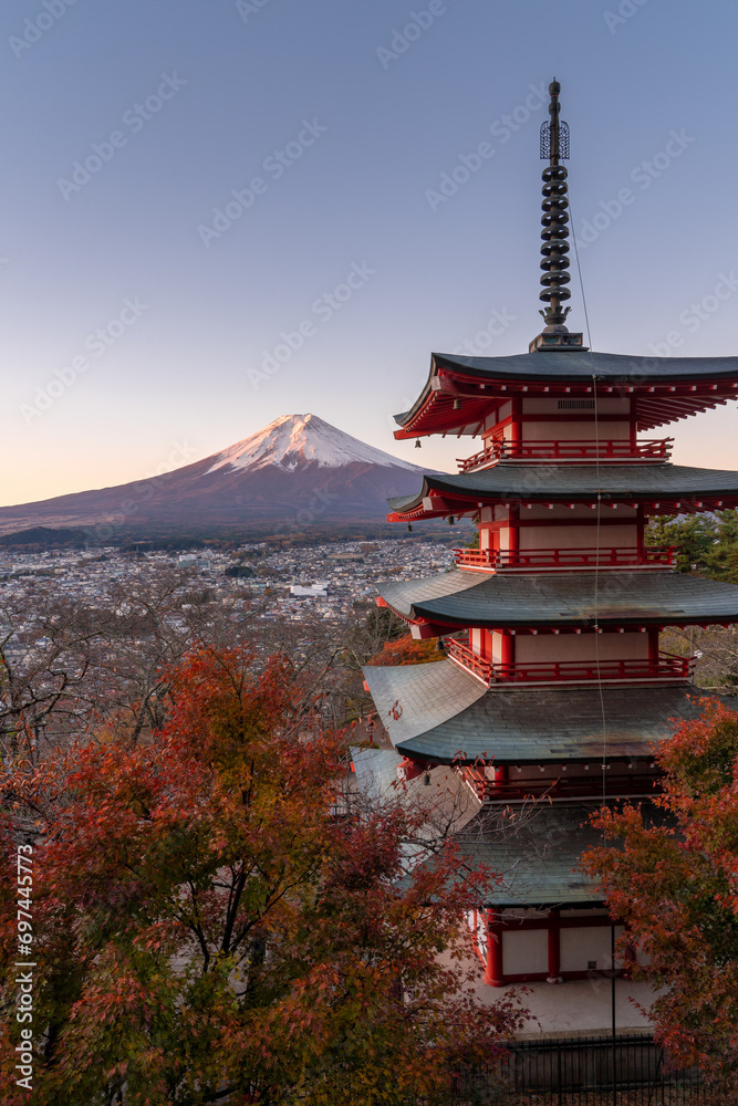 See Mount Fuji with Chureito pagoda in an autumn morning, Yamanashi, Japan
