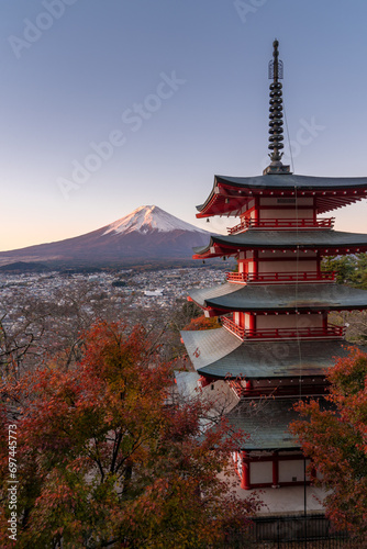 See Mount Fuji with Chureito pagoda in an autumn morning  Yamanashi  Japan
