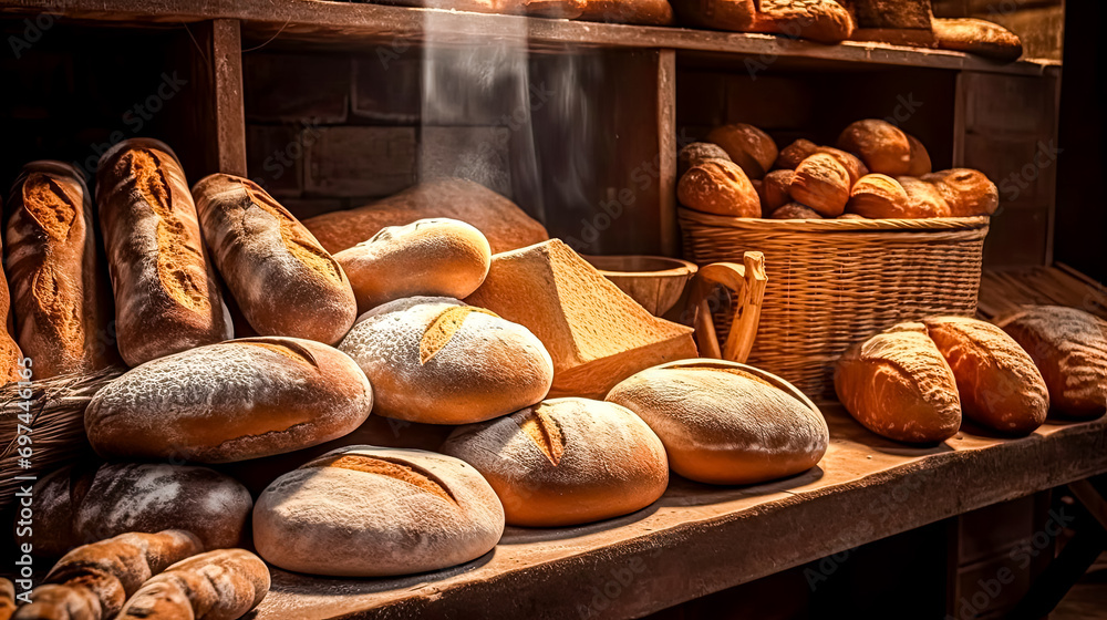 A variety of freshly baked bread on a wooden bakery table.