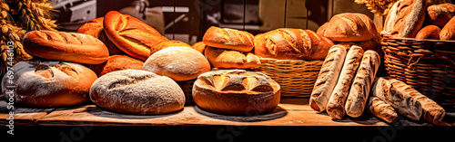 A variety of freshly baked bread on a wooden bakery table.