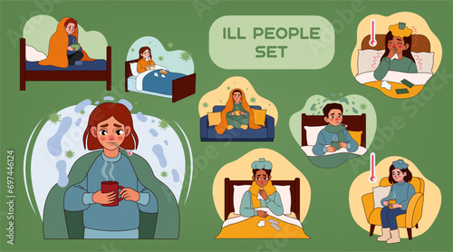 Set of people ill with flu on green background