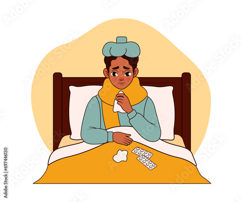 Man ill with flu sitting in bed on white background