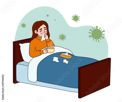 Woman ill with flu sitting in bed on white background