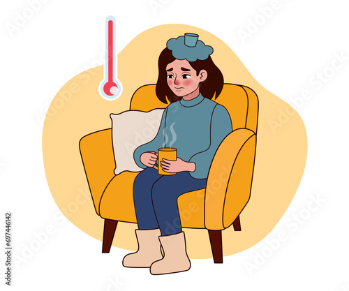 Woman ill with flu sitting in armchair on white background