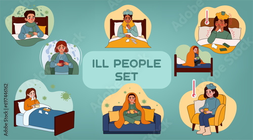 Set of people ill with flu on blue background