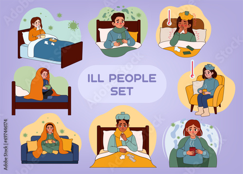 Set of people ill with flu on lilac background