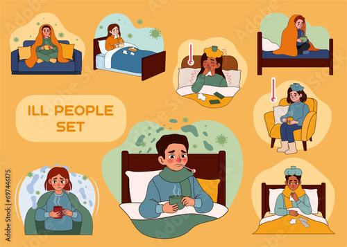 Set of people ill with flu on yellow background