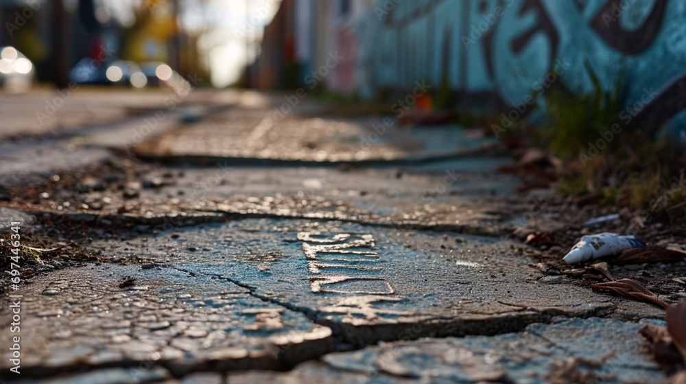 Fototapeta premium A cracked sidewalk with a faded 