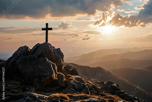 Cross on the top at sunset. Symbol of the resurrection of Jesus Christ. Happy Easter concept.