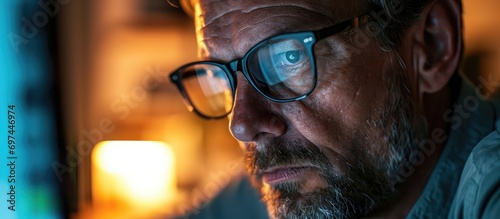 A serious man with poor eyesight is squinting at screens, whether it be a computer, laptop, phone, or TV, with glasses and tired eyes. The monitor light reflects on his face as he focuses on work.