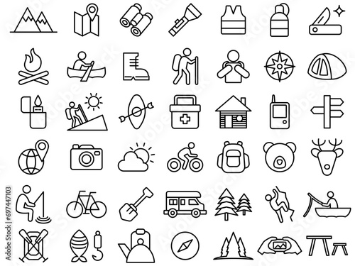 Camping and outdoor simple line vector icon illustration collection