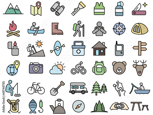 Camping and outdoor simple color line vector icon illustration collection