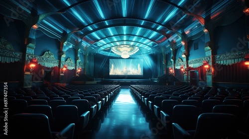 Empty cinema hall in blue color with a white blank screen. Mockup of the auditorium without people.