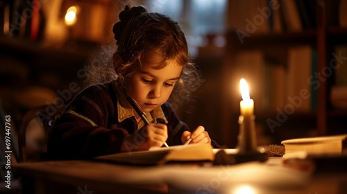 A child doing homework by candlelight, showcasing the determination to overcome educational challenges.