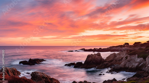 A coastal landscape at sunset featuring the ocean meeting the horizon and the sky painted with hues of orange and pink.
