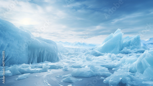 A glacier landscape with ice formations and a cold blue atmosphere under a bright sky.