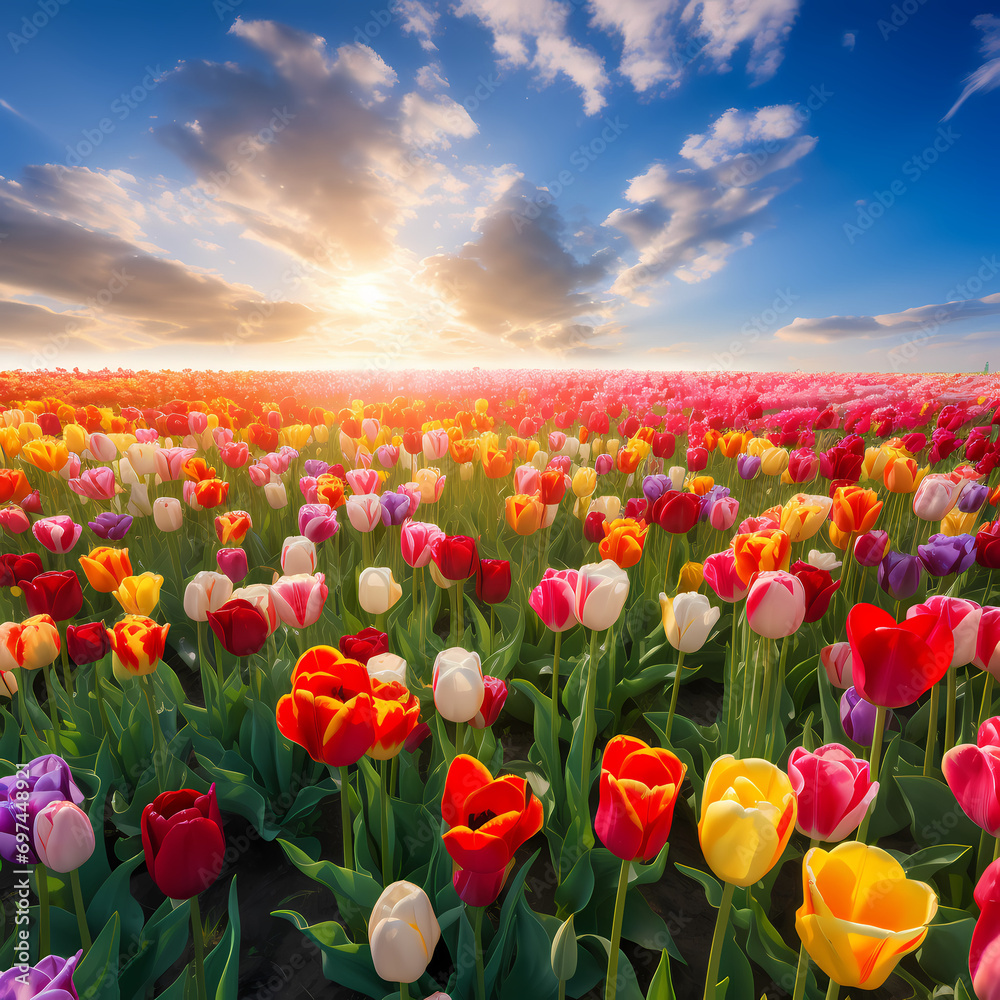 A field of tulips in various colors under a clear morning sky.
