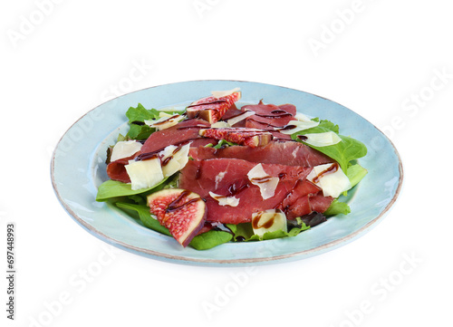 Plate with delicious bresaola salad isolated on white