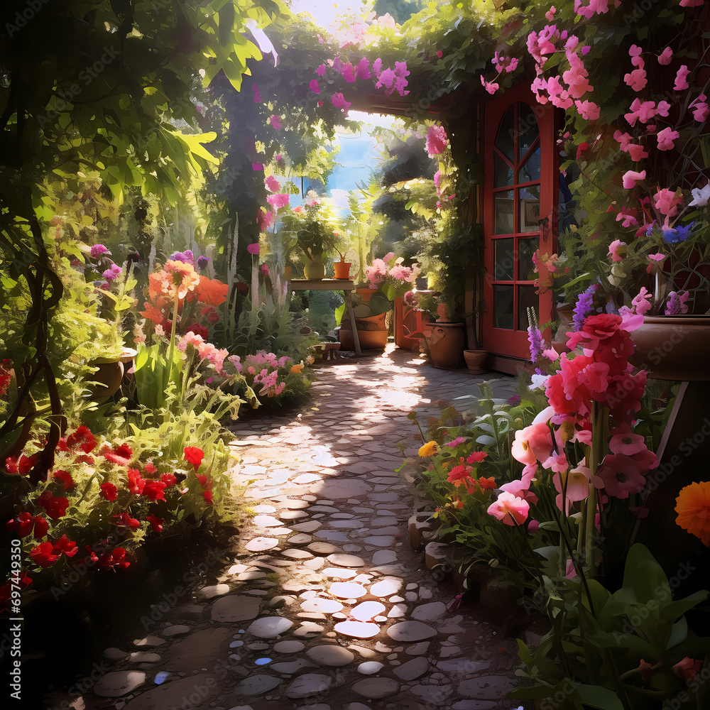 A hidden garden filled with colorful blooms and meandering paths.