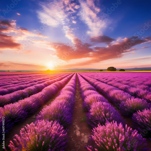 A lavender field in full bloom  stretching to the horizon.