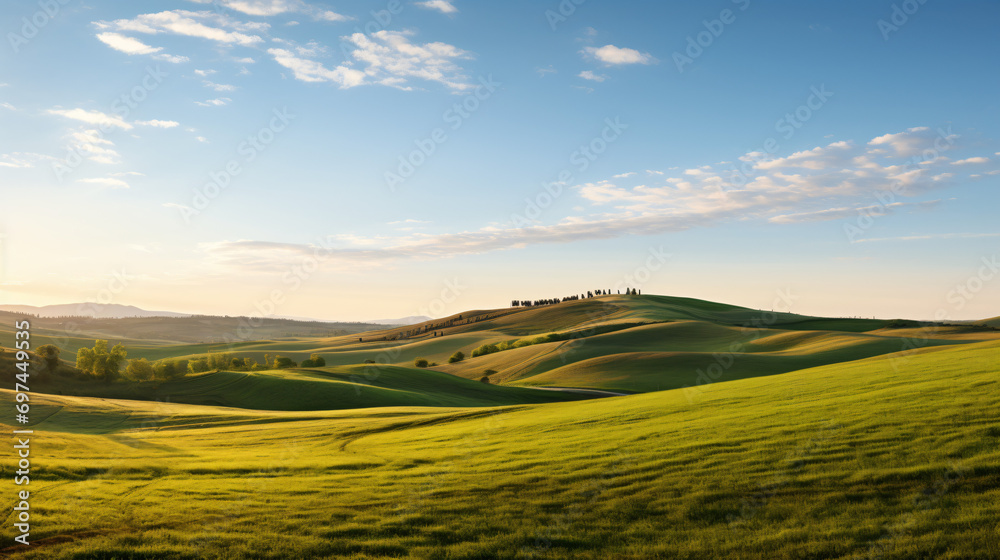 A panoramic landscape of rolling hills at dusk with long shadows and a tranquil atmosphere.