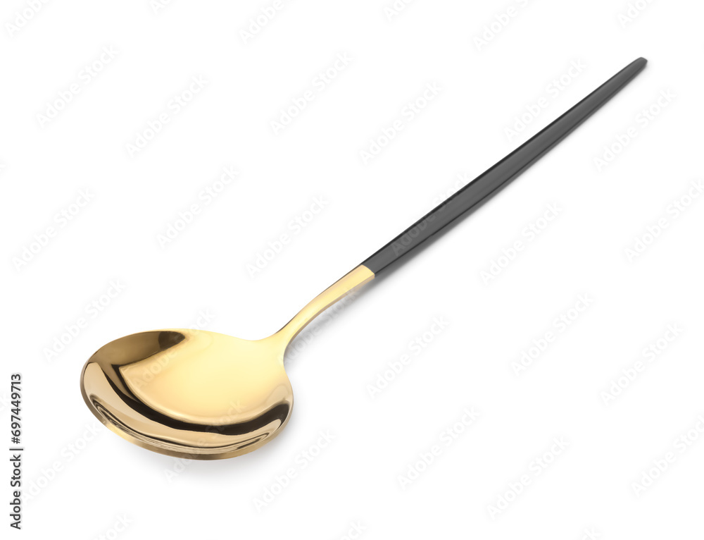 One shiny golden spoon with black handle isolated on white One shiny golden spoon with black handle isolated on white