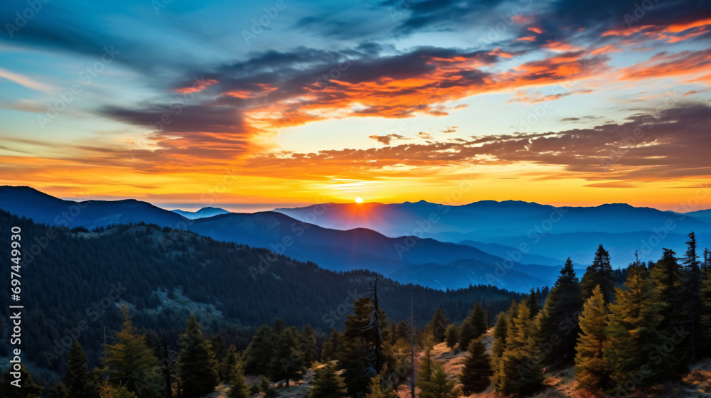 A serene mountain landscape at sunrise showcasing the vibrant colors of the sky and the tranquil beauty of the mountains.