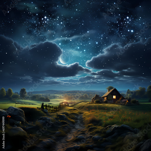 A starry night sky over a tranquil countryside.