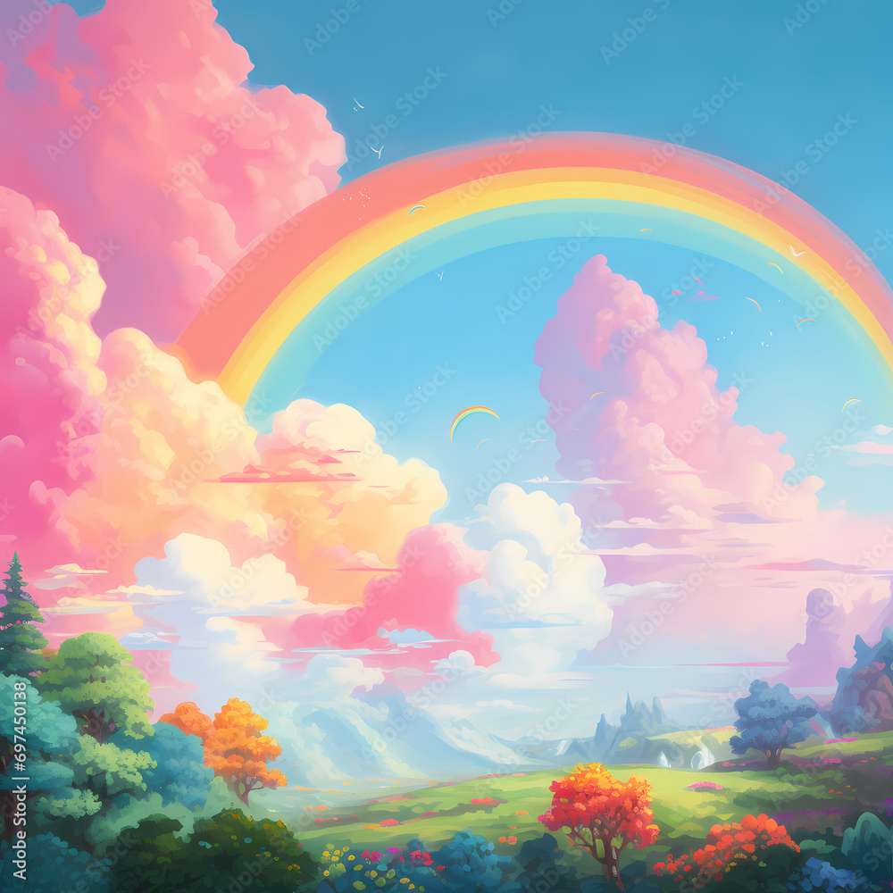 A vibrant rainbow stretching across a sky painted with pastel hues.