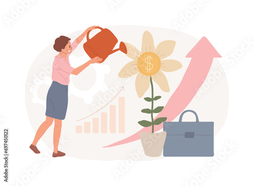 Investment isolated concept vector illustration. Investment benefit, financial adviser, stock broker, income dividends, interest, rental income, foreign currency exchange rates vector concept.