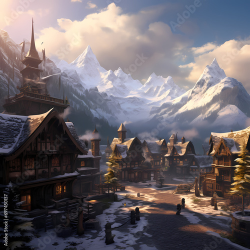 A tranquil village nestled in the foothills of snow-capped peaks.
