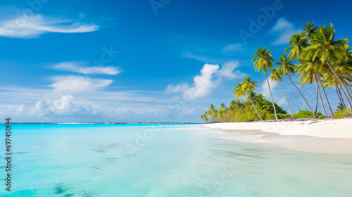 A tropical beach landscape with palm trees white sand and turquoise waters under a sunny sky. © Melvin