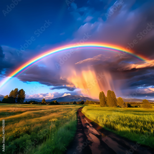 A vivid rainbow stretching across the sky after a passing storm.