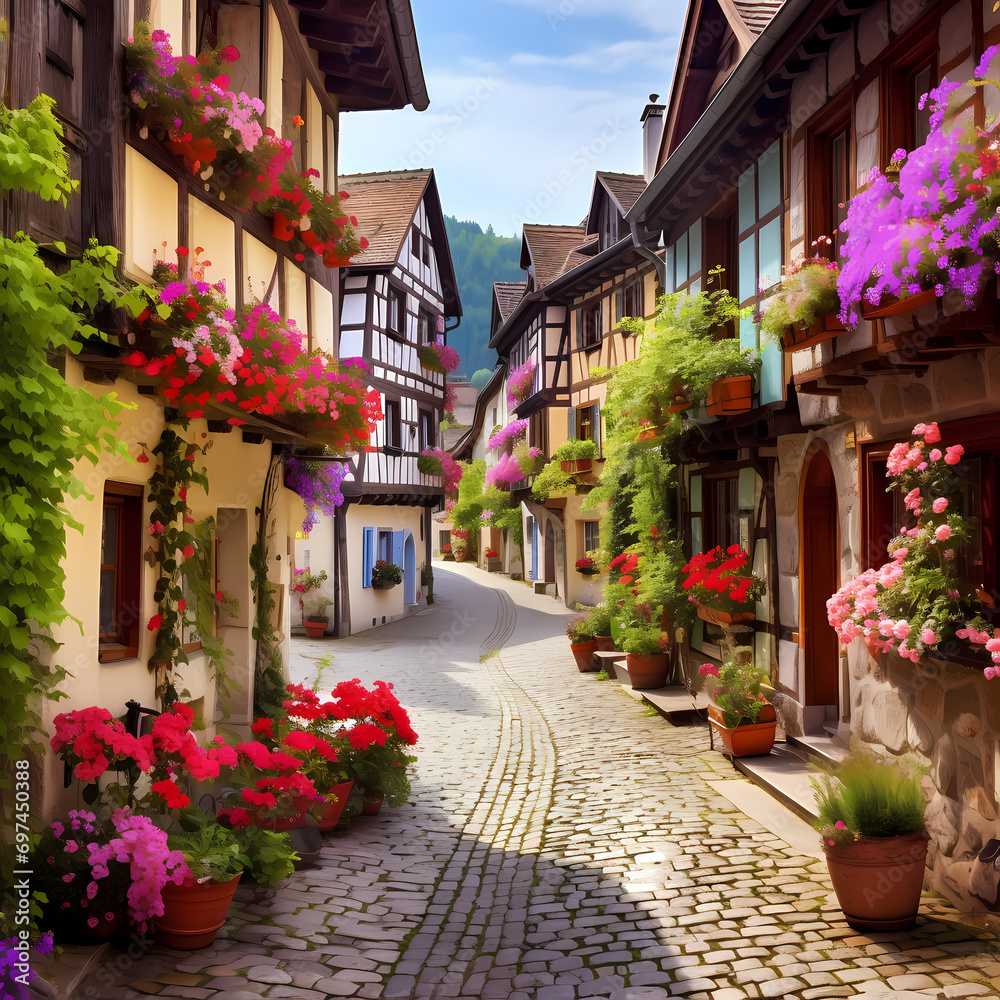 Charming village square with cobblestone paths and vibrant flowers