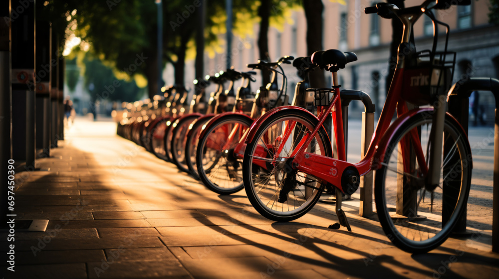 Bicycles parked in a city bike-sharing station promoting sustainable urban transport.