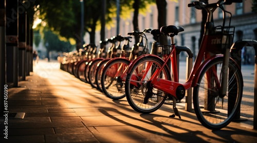 Bicycles parked in a city bike-sharing station promoting sustainable urban transport. © Melvin